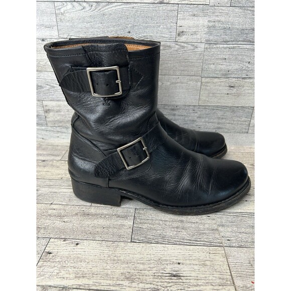 Frye Black Leather Vicky Engineer Moto Buckle Mid Rise Boots Women's Size 8 - Picture 1 of 12